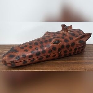 Hand Carved Painted Wood Giraffe Head Trinket Box With Lid Hinged Made In Kenya